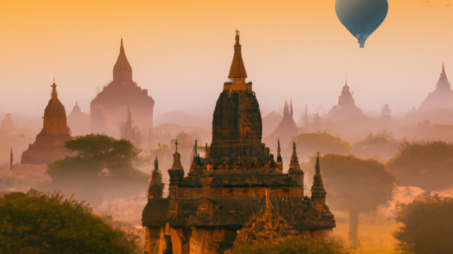 ancient temples of Bagan at sunrise, mystical atmosphere, golden sunlight illuminating pagodas, hot air balloons in the sky, serene landscape