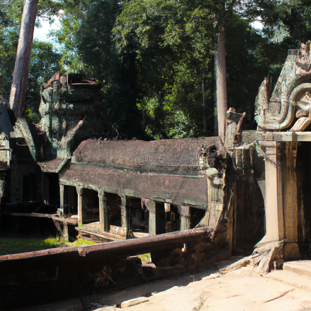 exploring - majestic temples of Angkor, intricate stone carvings, ancient ruins surrounded by lush vegetation, mystical ambia