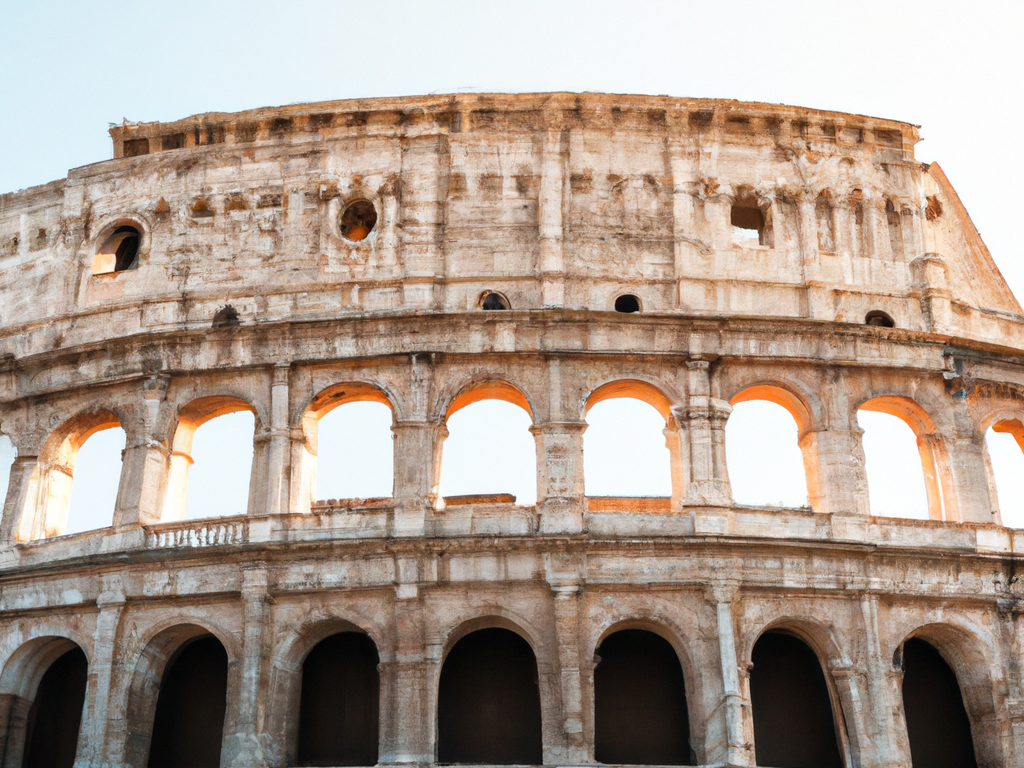 majestic Colosseum bathed in golden sunlight, bustling Piazza Navona with street performers and outdoor cafes, picturesque Roman Forum ruins under a clear blue sky