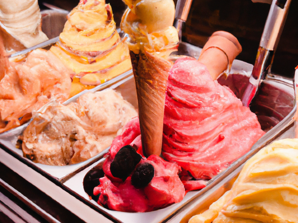 creamy gelato assortment with fresh fruits and nuts, vibrant colors, artisanal presentation, Italian gelato shop interior with vintage decor, inviting atmosphere, cheerful staff, traditional gelato making process, gelato cones and cups with toppings, gelato display case with various flavors, classic Italian dessert experience