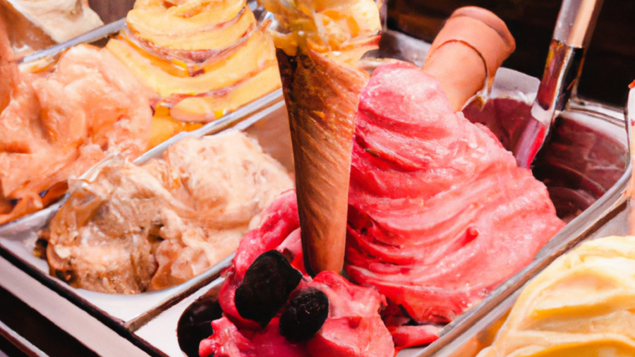 creamy gelato assortment with fresh fruits and nuts, vibrant colors, artisanal presentation, Italian gelato shop interior with vintage decor, inviting atmosphere, cheerful staff, traditional gelato making process, gelato cones and cups with toppings, gelato display case with various flavors, classic Italian dessert experience