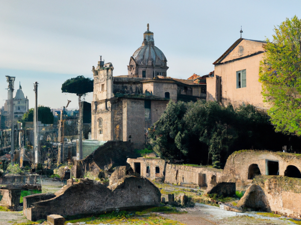 ancient ruins of the Roman Forum, cobblestone streets of Rome, iconic Colosseum under a clear blue sky, vibrant street life in the historic center, traditional Roman cuisine on a rustic table, panoramic view of the Vatican City