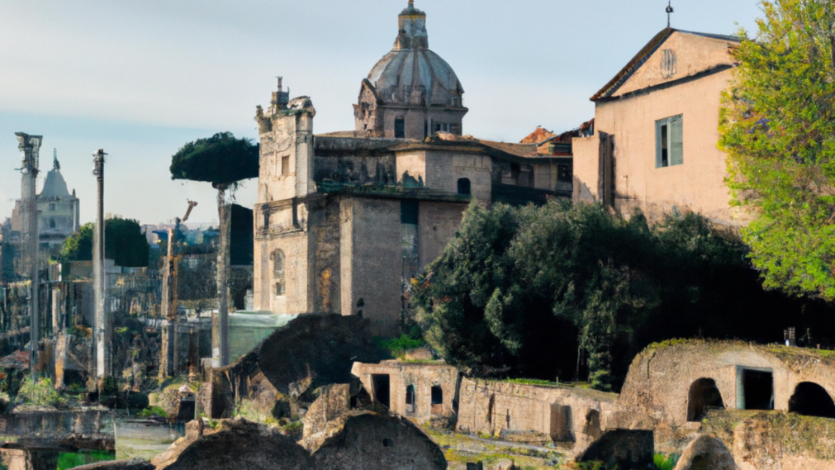 ancient ruins of the Roman Forum, cobblestone streets of Rome, iconic Colosseum under a clear blue sky, vibrant street life in the historic center, traditional Roman cuisine on a rustic table, panoramic view of the Vatican City