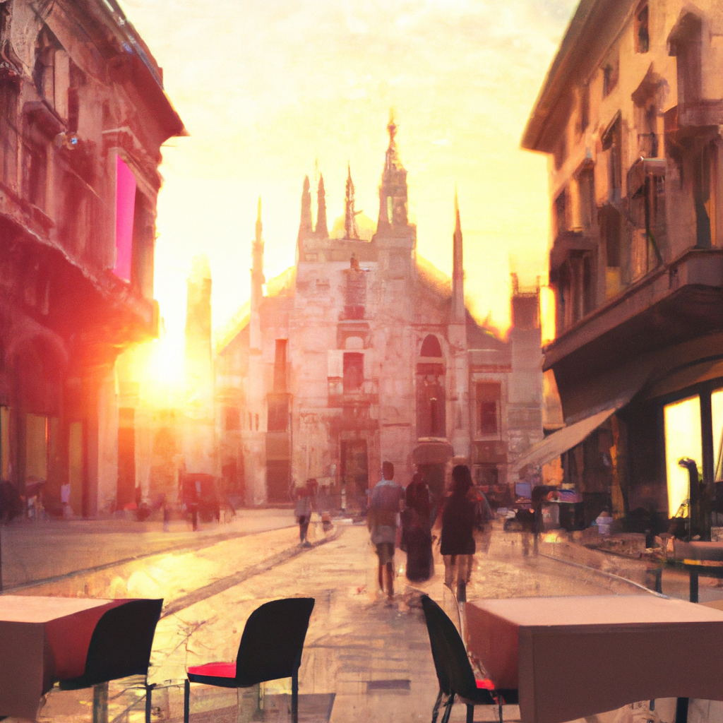 cities - iconic Duomo di Milano at sunset, fashionable boutiques in the Brera district, stylish Milanese café with outdoor s
