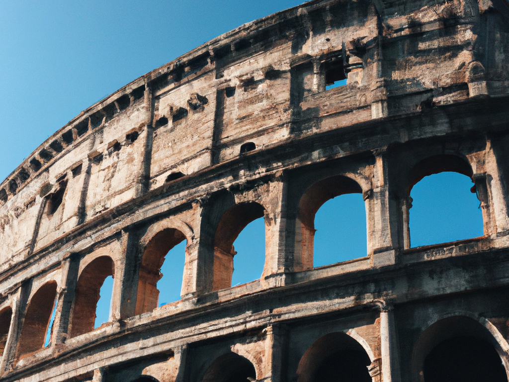 majestic Colosseum under a clear blue sky, bustling streets of Rome with ancient architecture, vibrant Italian markets with fresh produce and colorful stalls