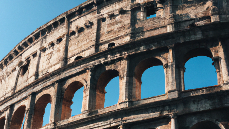 majestic Colosseum under a clear blue sky, bustling streets of Rome with ancient architecture, vibrant Italian markets with fresh produce and colorful stalls