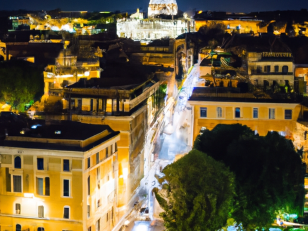 majestic Colosseum illuminated at night, bustling streets of Rome with outdoor cafes and historic buildings, Vatican City with St. Peter's Basilica and the Sistine Chapel, picturesque Roman Forum ruins with ancient columns and temples, colorful Trastevere neighborhood with narrow cobblestone streets and vibrant murals, vibrant Campo de' Fiori market with fresh produce and flowers, scenic Tiber River with historic bridges and riverside promenades