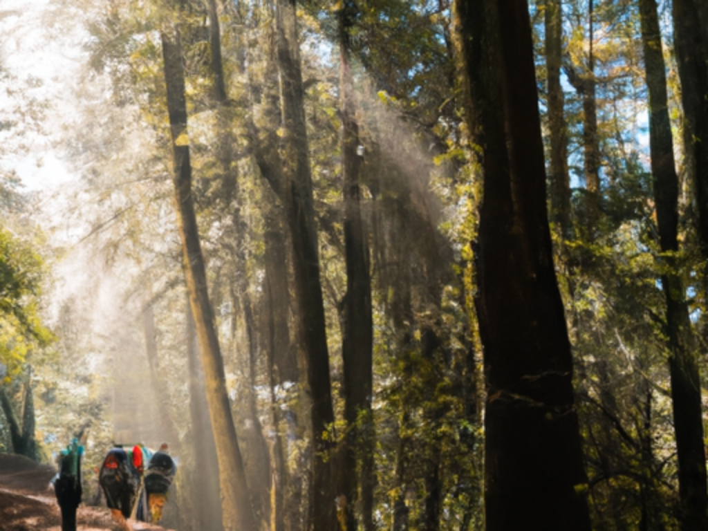 A group of hikers trekking through a lush forest, with sun rays filtering through the trees, creating a magical atmosphere