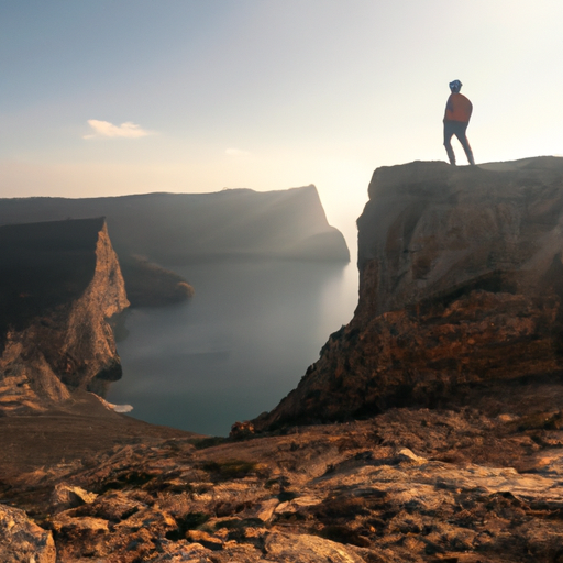 exploring - A traveler standing at the edge of a cliff, overlooking a vast and breathtaking landscape, feeling a sense of awe