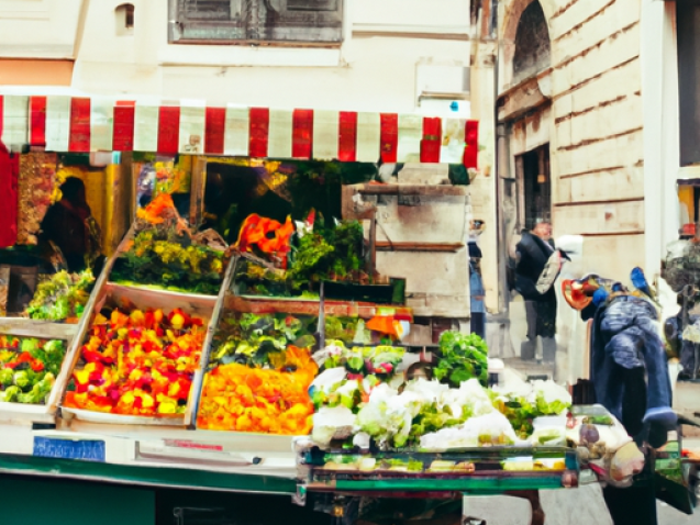 vibrant street market in Rome with fresh produce, colorful fruits, and local vendors, bustling trattoria with outdoor seating and traditional Roman dishes, cozy gelateria with a variety of gelato flavors and toppings, historic piazza with street performers and outdoor cafes, ancient Roman ruins with tourists exploring and taking photos, iconic landmarks like the Colosseum and Trevi Fountain, warm Mediterranean sunlight, lively atmosphere, authentic Italian cuisine, picturesque cobblestone streets