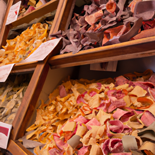 amazing - colorful pasta shop in Bologna with handmade pasta varieties on display, cozy trattoria serving traditional Bologne
