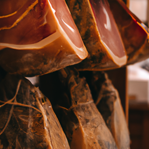amazing - traditional prosciutto di Parma aging process with cured hams and salt, picturesque countryside of Parma with viney