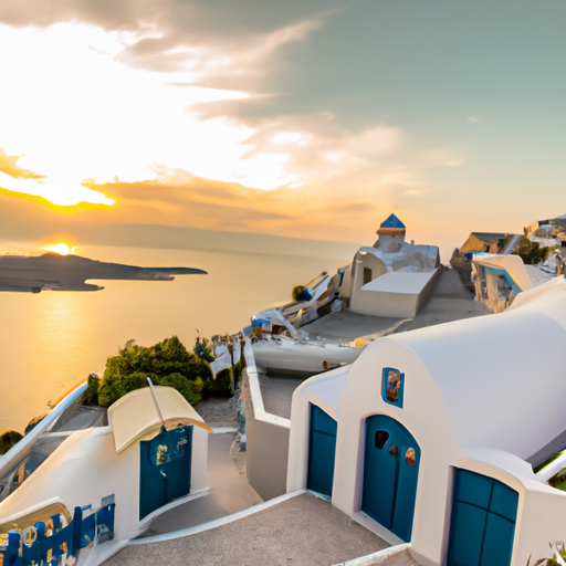 mustvisit - Santorini sunset overlooking the caldera, white buildings against the blue sea, tranquil and romantic setting in